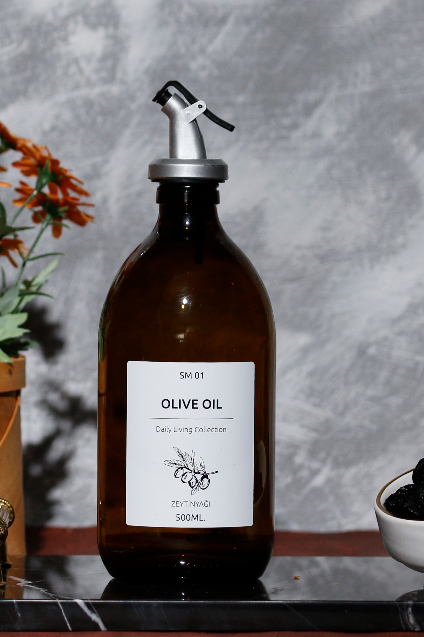 500ml Amber Kahverengi Zeytinyağı Cam Şişesi Yağdanlık Damlatmaz Başlık (Olive Oil)